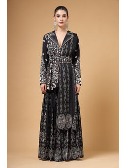 Gazab By Miku Kumar - Women Black Silk Geometric Jacket with Sharara and Dupatta