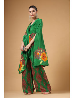 Gazab By Miku Kumar - Women Green Silk Floral Kaftan with Pant