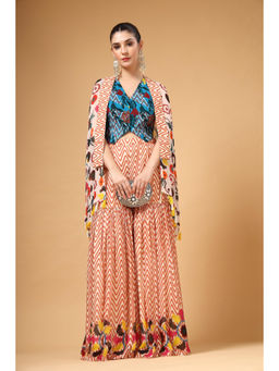 Gazab By Miku Kumar - Women Peach Georgette Geometric Gharara with Waist Jacket and Cape