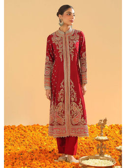 Sheetal Batra - Minara - Deep Red Long A-Line Jacket Kurta with Pant and Dupatta