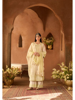 Sheetal Batra - Ena Daisy Ivory with Mint Green Long A-Line Kurta with Palazzo & Dupatta