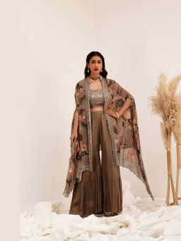 SURKH SYAHI - Women's Grey Aaina Blouse With Palazzo And Cape