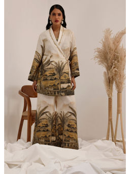 SURKH SYAHI - Women's Vanya Palm Beige Blazer With Blouse And Palazzo