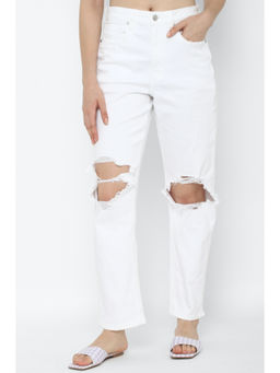 American Eagle - Women White Stretch Ripped Mom Straight Jean