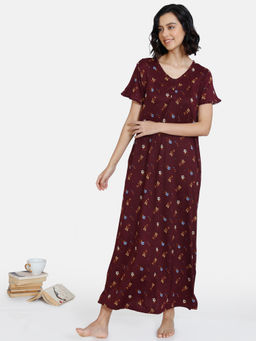 Zivame - Dark Floral Knit Poly Full Length Nightdress - Fig - Maroon