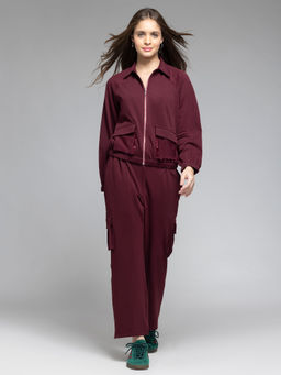 SHAYE - Wine Embellished Lycra Knit Casual Co-Ords for Women (Set of 2)