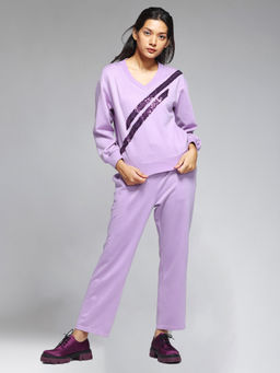 SHAYE - Lilac Sequin Knit Casual Co-Ords for Women (Set of 2)