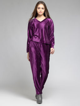 SHAYE - Purple Sequin Velvet Knit Party Co-Ords for Women (Set of 2)