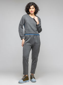 SHAYE - Grey Solid Fleece and Denim Knit Casual Co-Ords for Women (Set of 2)