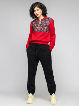 SHAYE - Red Floral Print Fleece Knit Casual Sweatshirt with Pant (Set of 2)