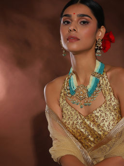 Ruby Raang Studio - Blue And Cream Kundan Neckpiece With Earrings