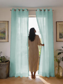 Urban Space - Sheer Curtain for Window Eyelets & Tieback-Aqua Blue (Set of 2)