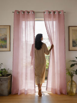 Urban Space - Sheer Curtain for Window Eyelets & Tieback-Blush Pink (Set of 2)