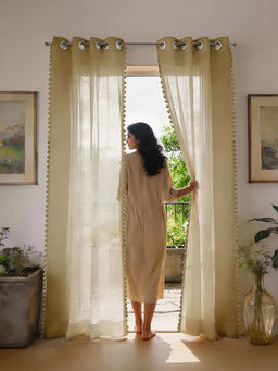 Urban Space - Sheer Curtain for Window Eyelets & Tieback-Taupe with Pom Pom (Set of 2)