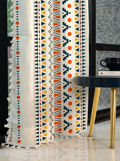 Urban Space Cotton Window Curtains with Eyelets & Tieback 1 Piece Ikat Orange