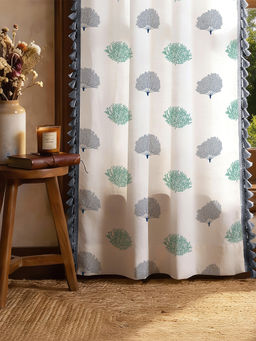 Urban Space - Cotton Door Curtains 7 Ft with Eyelets and TieBack 2 Pieces - Trees Blue Green