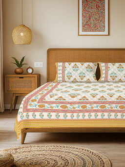 Urban Space - Rajasthani Floral Pure Cotton King Bedsheet with 2 Pillow Covers - Amber Yellow