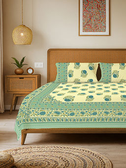 Urban Space - Rajasthani Floral Pure Cotton King Bedsheet with 2 Pillow Covers - Bali Green