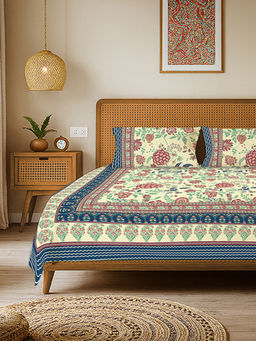 Urban Space - Rajasthani Floral Pure Cotton King Bedsheet with 2 Pillow Covers - Gulbagh Navy