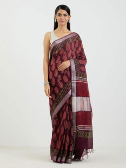 AUJJESSA - Cotton Linen Plum Handcrafted Saree with Unstitched Blouse