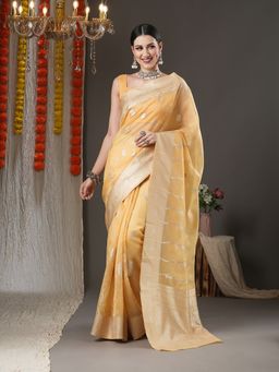 Akhilam - Womens Organza Yellow Woven Design Designer Saree with Unstitched Blouse