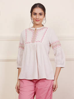 SAVI - Beige Yarn Dyed Embroidered Tunic