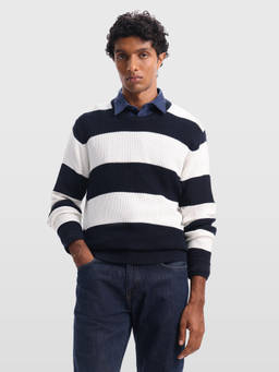 Arrow Sports - Mens Round Neck Striped Sweater Blue