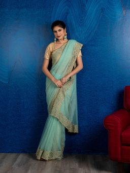 Beatitude - Blue Embroidered Net Saree with Unstitched Blouse