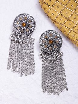 ToniQ - Silver Circular Oxidized Drop Earrings For Women