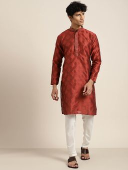 SOJANYA - Men Jacquard Silk Maroon Self Design Kurta with Off White Churidar Pyjama (Set of 2)