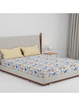 MYTRIDENT - Feather Tales Queen Bedsheet with 2 Pillow Covers Gardenia Blooms Blue
