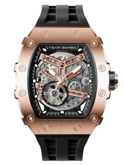 Tsar Bomba - Rose Gold Elemental Luxury Automatic Skeleton Rectangular Dial Watch-Tb8208A-16 (Medium)