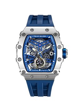 Tsar Bomba - Silver Elemental Automatic Blue Skeleton Rectangular Dial Watch-Tb8208A-41 (Medium)