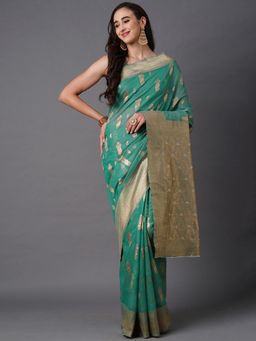 Akhilam - Teal Blue Festive Silk Blend Woven Design Saree with Unstitched