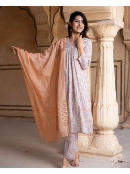 Bud & Tulip - Grey Ragini Kurta with Pant and Dupatta (Set of 3)