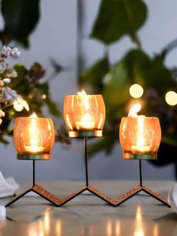 At Home by Nilkamal - Trio Metal & Glass Candle Stand|Pack of 1|31 cm x 21 cm|Brown & Gold