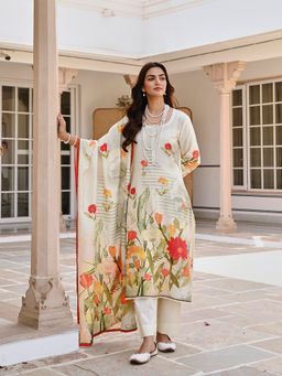 Karaj Jaipur - Cream Floral Printed Kurta with Pant and Dupatta (Set of 3)