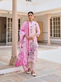 Karaj Jaipur - Pink Handloom Cotton Printed Kurta with Pant and Dupatta (Set of 3)