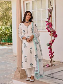 Karaj Jaipur - White & Sky Blue Hand Block Print Kurta with Pant and Dupatta (Set of 3)