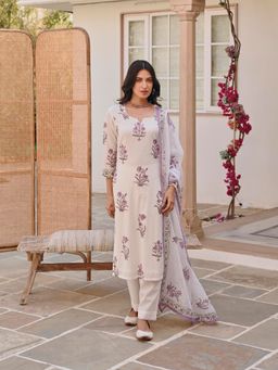 Karaj Jaipur - White & Purple Hand Block Print Kurta with Pant and Dupatta (Set of 3)