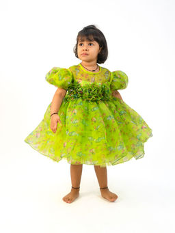 Lil Glam - Green Bird Printed Front Flowered Designed Dress