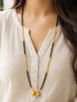 Digital Dress Room - Gold Plated Two Vati Double Line Long Mangalsutra Black Bead Chain