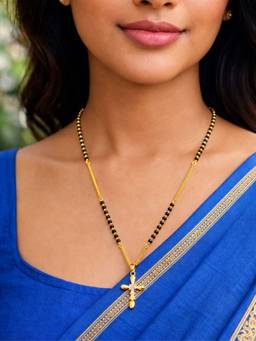 Digital Dress Room - Gold Plated Cross Pendant Short Mangalsutra Black Beads Chain for Women