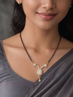 Digital Dress Room - Gold Plated Oval Diamond Short Mangalsutra Black Beads Elegant Necklace