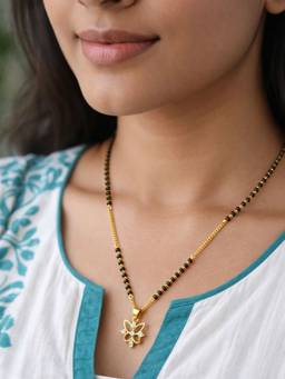 Digital Dress Room - Gold Plated Butterfly Pendant Short Mangalsutra Black Beads Necklace