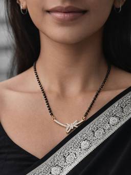 Digital Dress Room - Gold Plated Diamond Bow Pendant Short Mangalsutra Black Beads Necklace