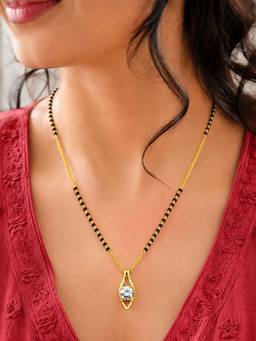Digital Dress Room - Gold Plated Solitaire Diamond Short Mangalsutra Black Beads Necklace