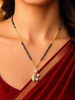 Digital Dress Room - Leaf Pendant Short Mangalsutra with Ad, Gold Plated Black Beads Chain