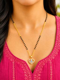 Digital Dress Room - Heart Pendant Short Mangalsutra with Ad Stone, Black Beads and Gold Chain