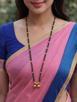 Digital Dress Room - Long Mangalsutra with Double Black Bead Chain and Two Vati Pendants.